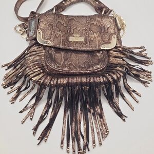 Christian Audigier Designer Fringe Metallic Brown Snake Print Shoulder / handBag